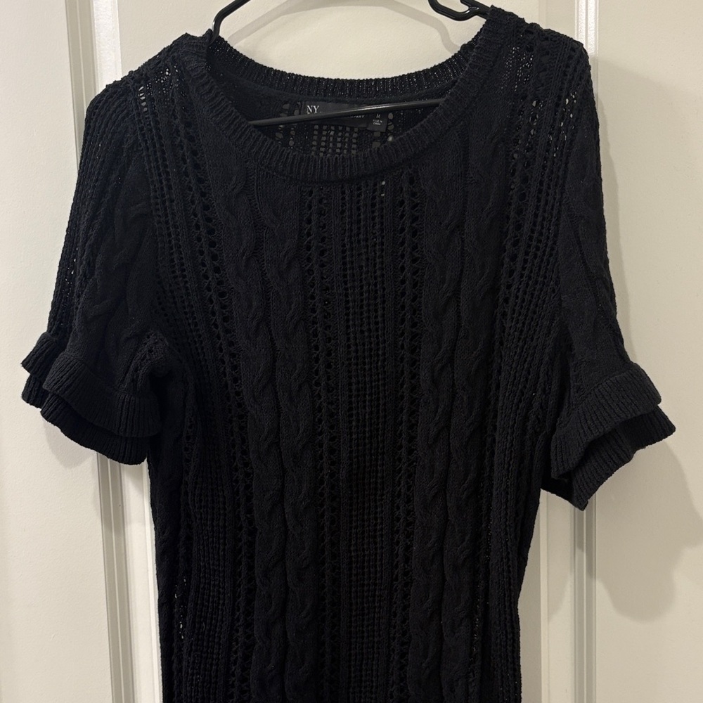 New York & Company Black Open-Knit Short Sleeve Sweater